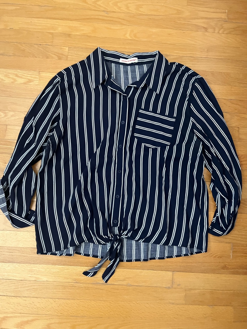 Navy and White Stripe Button-Up Shirt